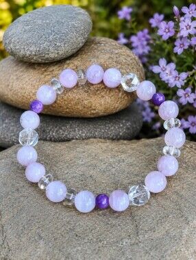 Kunzite & Clear Quartz Beaded Stretch Bracelet | Purple | Handmade